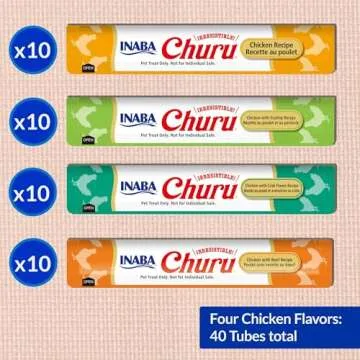 INABA Churu Cat Treats, Grain-Free, Lickable, Squeezable Creamy Purée Cat Treat/Topper with Vitamin E & Taurine, 0.5 Ounces Each Tube, 40 Tubes, Chicken Variety Box