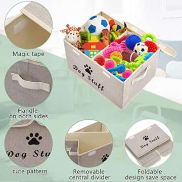 Geyecete Large Storage Boxes - Large Linen Fabric Foldable Storage Cubes Bin Box Containers with Lid and Handles for Dog Apparel & Accessories, Dog Coats, Dog Toys, Dog Clothing(Beige)