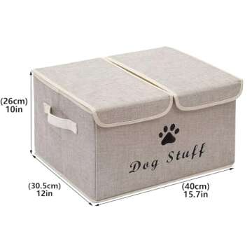 Geyecete Large Storage Boxes - Large Linen Fabric Foldable Storage Cubes Bin Box Containers with Lid and Handles for Dog Apparel & Accessories, Dog Coats, Dog Toys, Dog Clothing(Beige)