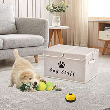 Geyecete Large Storage Boxes - Large Linen Fabric Foldable Storage Cubes Bin Box Containers with Lid and Handles for Dog Apparel & Accessories, Dog Coats, Dog Toys, Dog Clothing(Beige)