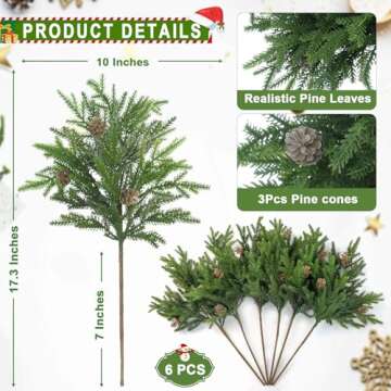 6 Pcs Christmas Artificial Pine Branches,17.3'' Plastic Pine Stems with pine cones for Christmas Dec...
