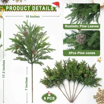 6 Pcs Christmas Artificial Pine Branches,17.3'' Plastic Pine Stems with pine cones for Christmas Dec...