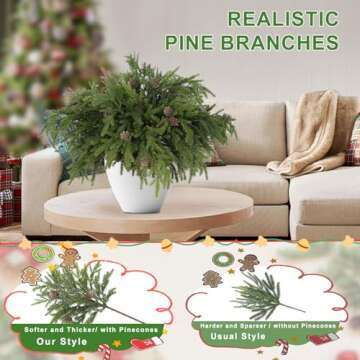 6 Pcs Christmas Artificial Pine Branches,17.3'' Plastic Pine Stems with pine cones for Christmas Decorations Home Indoor Outdoor, Realistic Greenery Cedar Branch for Vases Wreaths Garland Table Decor