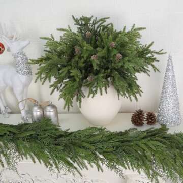 6 Pcs Christmas Artificial Pine Branches,17.3'' Plastic Pine Stems with pine cones for Christmas Decorations Home Indoor Outdoor, Realistic Greenery Cedar Branch for Vases Wreaths Garland Table Decor