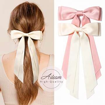 2PCS Silky Satin Hair Bows Hair Clip Beige Pink Hair Ribbon Ponytail Holder Accessories Slides Metal Clips Hair Bow for Women Girls Toddlers Teens Kids