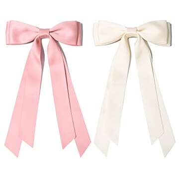 2PCS Silky Satin Hair Bows Hair Clip Beige Pink Hair Ribbon Ponytail Holder Accessories Slides Metal Clips Hair Bow for Women Girls Toddlers Teens Kids
