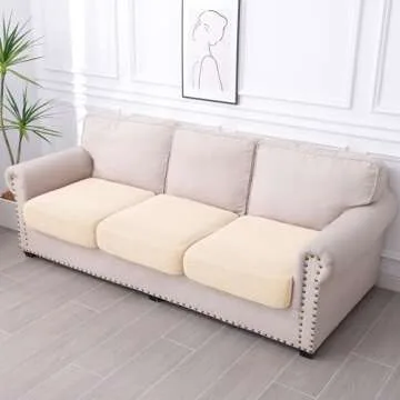 hyha Waterproof Couch Cushion Covers, Washable Sofa Cushion Slipcovers, Thick Stretch Jacquard Fabric, Couch Sofa Covers for Pets with Elastic Bottom (3 Pieces, Beige)