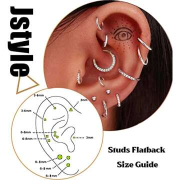Jstyle 6Pairs 18G Stainless Steel Mens Womens Stud Earrings Cartilage Ear Piercings Helix Tragus Barbell CZ 3-8mm S