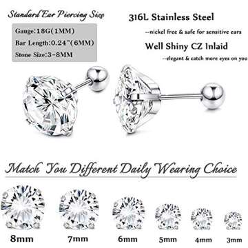 Jstyle 6Pairs 18G Stainless Steel Mens Womens Stud Earrings Cartilage Ear Piercings Helix Tragus Barbell CZ 3-8mm S