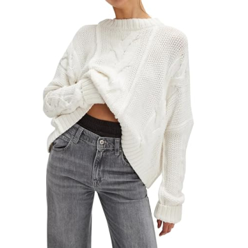 Anoumcy Cable Knit Cropped Sweaters for Women Long Sleeve Crewneck Sweater Pullover Tops 2024 Fall W...