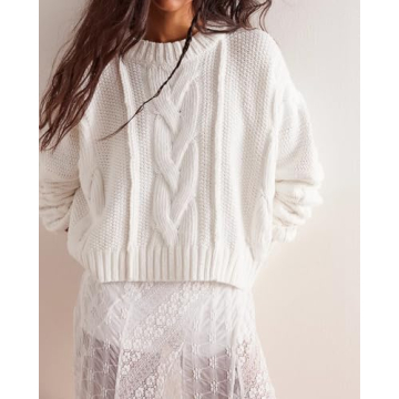 Anoumcy Cable Knit Cropped Sweaters for Women Long Sleeve Crewneck Sweater Pullover Tops 2024 Fall Winter Trendy Outfits White M