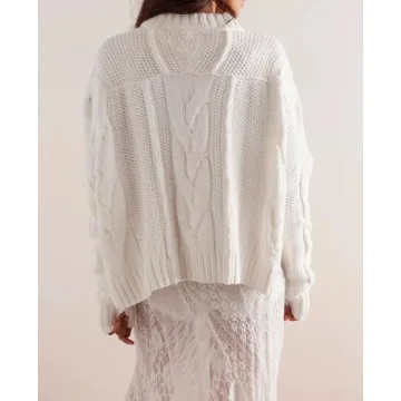 Anoumcy Cable Knit Cropped Sweaters for Women Long Sleeve Crewneck Sweater Pullover Tops 2024 Fall Winter Trendy Outfits White M