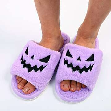 TITTOK Spooky Slides Halloween Slippers Jack O Lantern Pumpkin Soft Plush Cozy Open Toe Indoor Outdoor Fuzzy Slippers Gifts For Girls Women Girlfriend Men