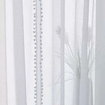 Treatmentex Pompom Sheer White Curtains for Living Room 84" Long Linen Textured Window Curtain Draperies for Bedroom 52" W, 1 Pair