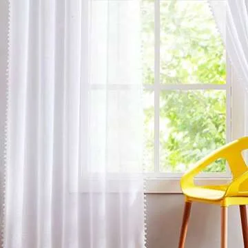 Treatmentex Pompom Sheer White Curtains for Living Room 84" Long Linen Textured Window Curtain Draperies for Bedroom 52" W, 1 Pair