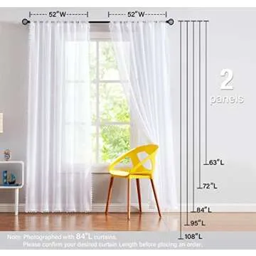 Treatmentex Pompom Sheer White Curtains for Living Room 84" Long Linen Textured Window Curtain Draperies for Bedroom 52" W, 1 Pair