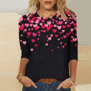 Valentine's Shirts for Women - Cute Love Heart Print Blouses - 3/4 Sleeve Casual Fashion Tunic Tops ...