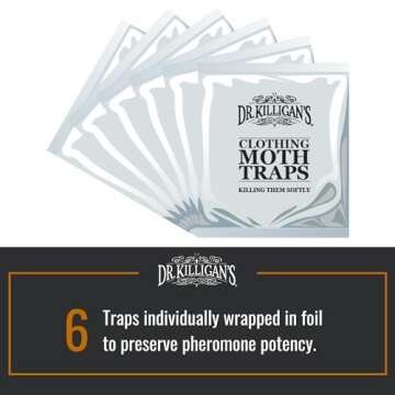 Dr. Killigan's Premium Double Potent Clothing Moth Traps with Pheromones Prime | Organic Clothes Moth Trap with Lure for Closets & Carpet | Case Making Moth Treatment & Prevention (6 Pack, Black)