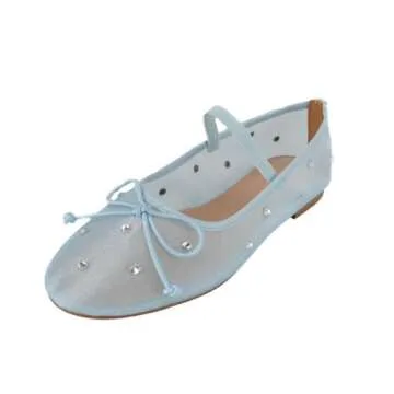 JORISTIMO Crystal Mesh Ballet Flats Stretch Band Snip Toe Ballerinas Flats Mary Jane Blue
