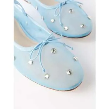 JORISTIMO Crystal Mesh Ballet Flats Stretch Band Snip Toe Ballerinas Flats Mary Jane Blue