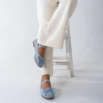 JORISTIMO Crystal Mesh Ballet Flats Stretch Band Snip Toe Ballerinas Flats Mary Jane Blue