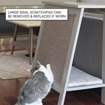 THE REFINED FELINE A-Frame Cat Bed Cave in Black Espresso with Ventilated Base, Multipurpose Wood Cat Furniture Table, Easy To Clean Covered Cat Bed with Replaceable Scratching Post & Washable Cushion