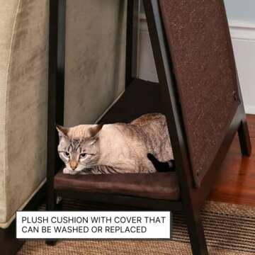 THE REFINED FELINE A-Frame Cat Bed Cave in Black Espresso with Ventilated Base, Multipurpose Wood Cat Furniture Table, Easy To Clean Covered Cat Bed with Replaceable Scratching Post & Washable Cushion