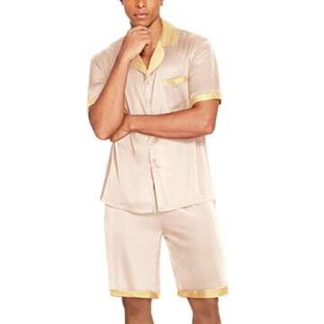 Ekouaer Men Satin Silk Pajamas Set with Pockets Sleepwear Shorts Satin Summer Loungewear 2 Piece Button Down Set S-XXL Champagne