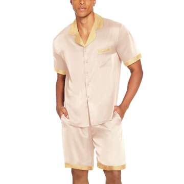 Ekouaer Men Satin Silk Pajamas Set with Pockets Sleepwear Shorts Satin Summer Loungewear 2 Piece Button Down Set S-XXL Champagne