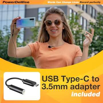 PowerDeWise Upgraded 2024 Type-C Lavalier Microphone with Adapter - Omnidirectional USB C Lav Mic fo...