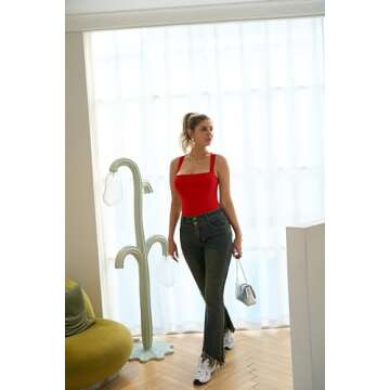 HYZ Women's Summer Sexy Tank Sleeveless Square Neck Strappy Basic Party One Piece Bodysuit Red