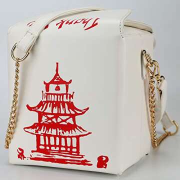 QiMing Tower Print Crossbody Shoulder Bag,Pu Chinese Takeout Box Totes Purse for Women(White)