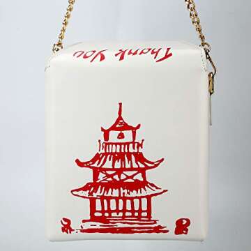 QiMing Tower Print Crossbody Shoulder Bag,Pu Chinese Takeout Box Totes Purse for Women(White)