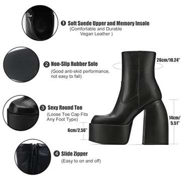 VOMIRA Platform High Heels Chunky Block Heel Slide Zipper Solid Black Ankle Boots Pu Patent Leather Winter Boots for Women