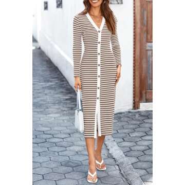 BTFBM Women Casual Long Sleeve Dress Fall Dresses 2024 Striped Midi Dresses Decorative Button Ribbed...