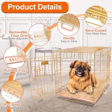 HOMEY PET Copper Gold Dog Crate 30 Inch, Portable Folding Metal Wire Dog Kennel Pet Dog Cage with Removable Floor Grid, Pull Out Pan, Double Doors, Handle for Medium-Small Breed Dogs Indoor Travel