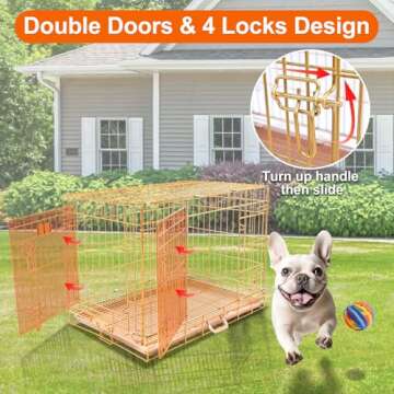 HOMEY PET Copper Gold Dog Crate 30 Inch, Portable Folding Metal Wire Dog Kennel Pet Dog Cage with Removable Floor Grid, Pull Out Pan, Double Doors, Handle for Medium-Small Breed Dogs Indoor Travel