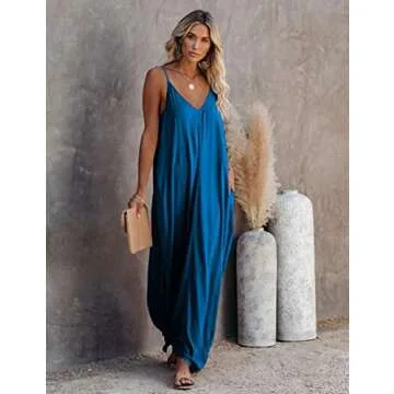 Maxi Bohemian Dresses for Women Summer Casual Spaghetti Strap Long Dress (M, Acid Blue)
