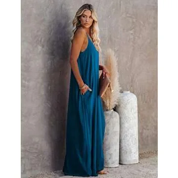 Maxi Bohemian Dresses for Women Summer Casual Spaghetti Strap Long Dress (M, Acid Blue)