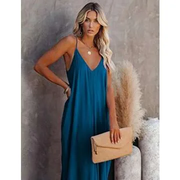 Maxi Bohemian Dresses for Women Summer Casual Spaghetti Strap Long Dress (M, Acid Blue)