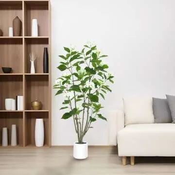 5FT Artificial Hydrangea Tree with White Flowers & Decorative Planter – Faux Plant for Indoor & Outdoor, Office & Home Décor