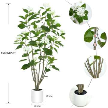 5FT Artificial Hydrangea Tree with White Flowers & Decorative Planter – Faux Plant for Indoor & Outdoor, Office & Home Décor