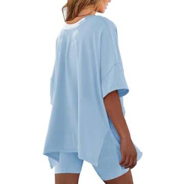 Nirovein Womens Off The Shoulder Tops Half Sleeve Split T Shirt & Bodycon Shorts Oversized Two Piece Workouts Set(Sky Blue,M)
