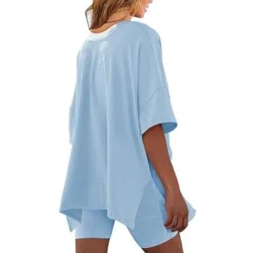 Nirovein Womens Off The Shoulder Tops Half Sleeve Split T Shirt & Bodycon Shorts Oversized Two Piece Workouts Set(Sky Blue,M)