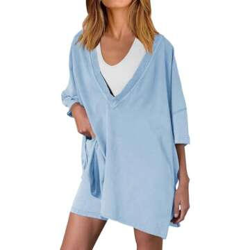 Nirovein Womens Off The Shoulder Tops Half Sleeve Split T Shirt & Bodycon Shorts Oversized Two Piece Workouts Set(Sky Blue,M)