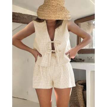 Women Y2k Gingham Set Tie front Tank Top Plaid Boxer Shorts 2 Piece Outfits Cute Summer Sets Loungew...