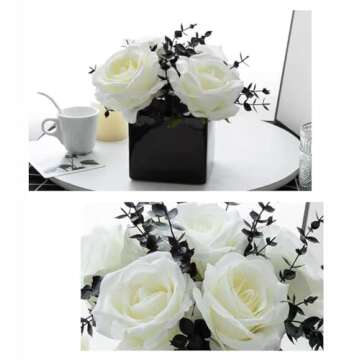 LADADA Artificial Flowers with Small Ceramic Vases, Roses in Vases Plastic Artificial Flowers and Plants,Used for Home Office Wedding Decoration, Table Decoration(White)