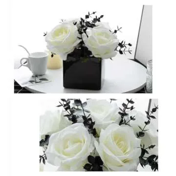 LADADA Artificial Flowers with Small Ceramic Vases, Roses in Vases Plastic Artificial Flowers and Plants,Used for Home Office Wedding Decoration, Table Decoration(White)