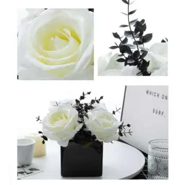 LADADA Artificial Flowers with Small Ceramic Vases, Roses in Vases Plastic Artificial Flowers and Plants,Used for Home Office Wedding Decoration, Table Decoration(White)