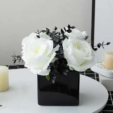 LADADA Artificial Flowers with Small Ceramic Vases, Roses in Vases Plastic Artificial Flowers and Plants,Used for Home Office Wedding Decoration, Table Decoration(White)